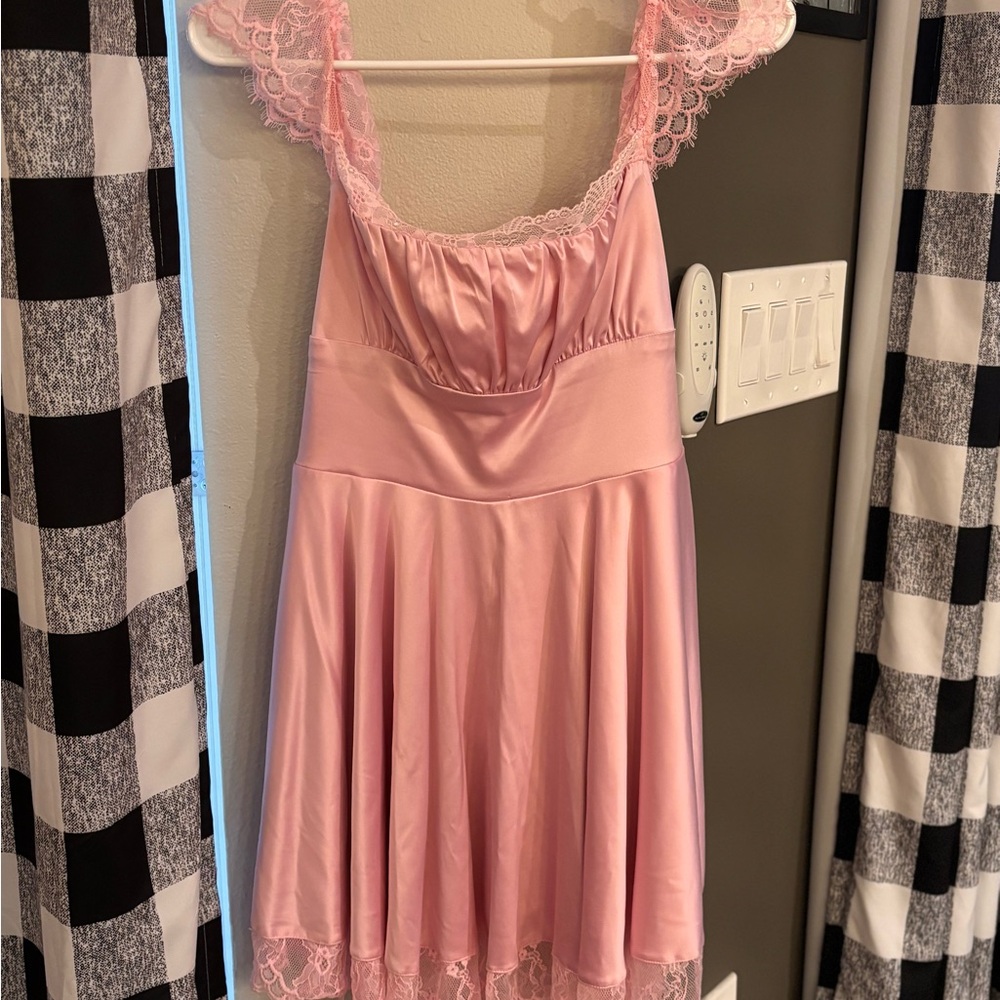Pink satin and lace mini dress